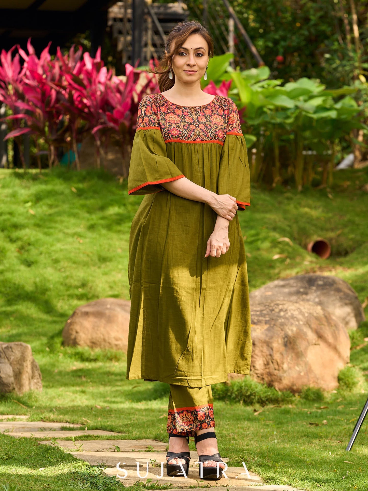 Olive Cotton Kurta with Digital Printed Yoke and Vibrant Orange Accents