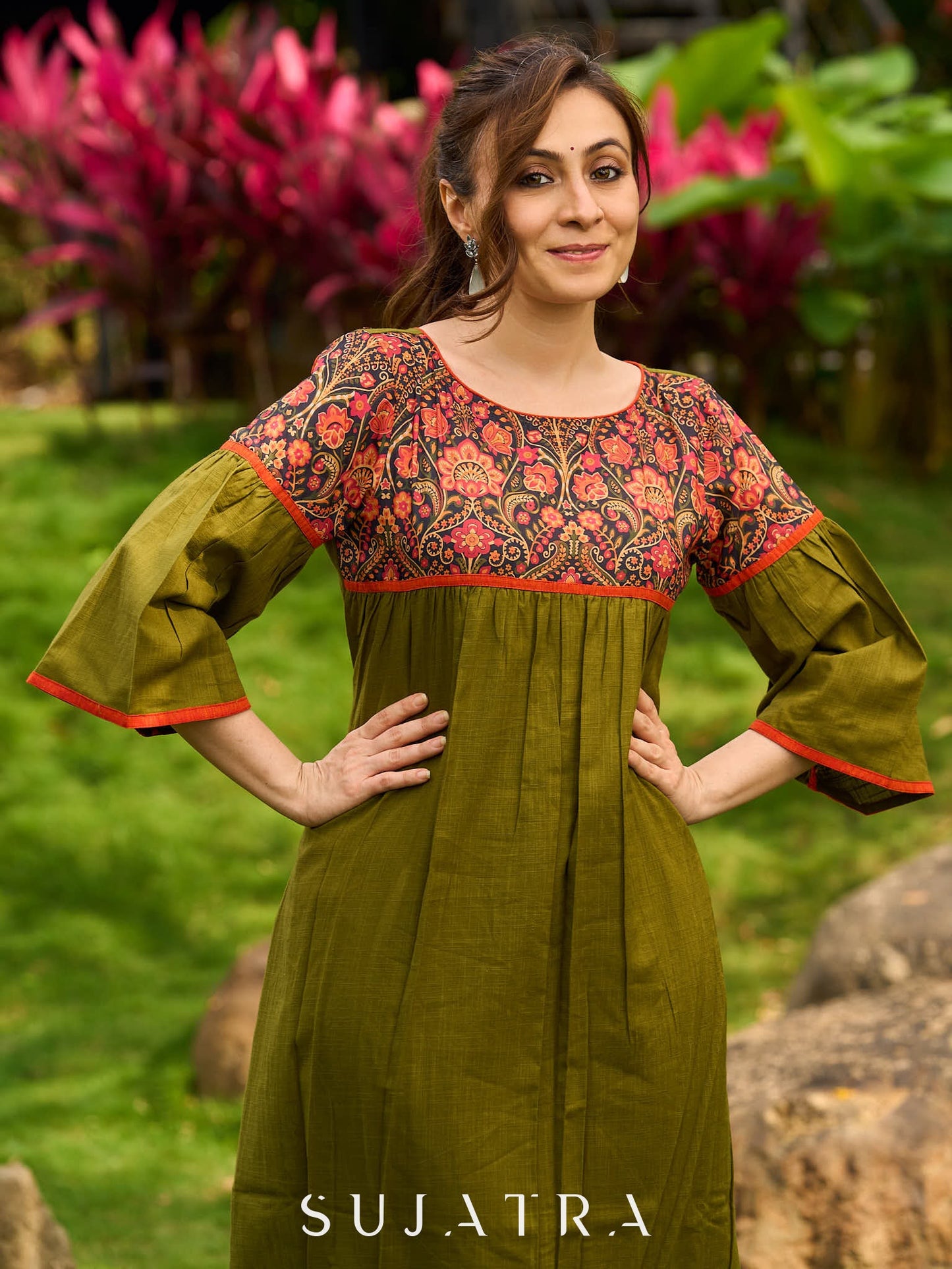 Olive Cotton Kurta with Digital Printed Yoke and Vibrant Orange Accents