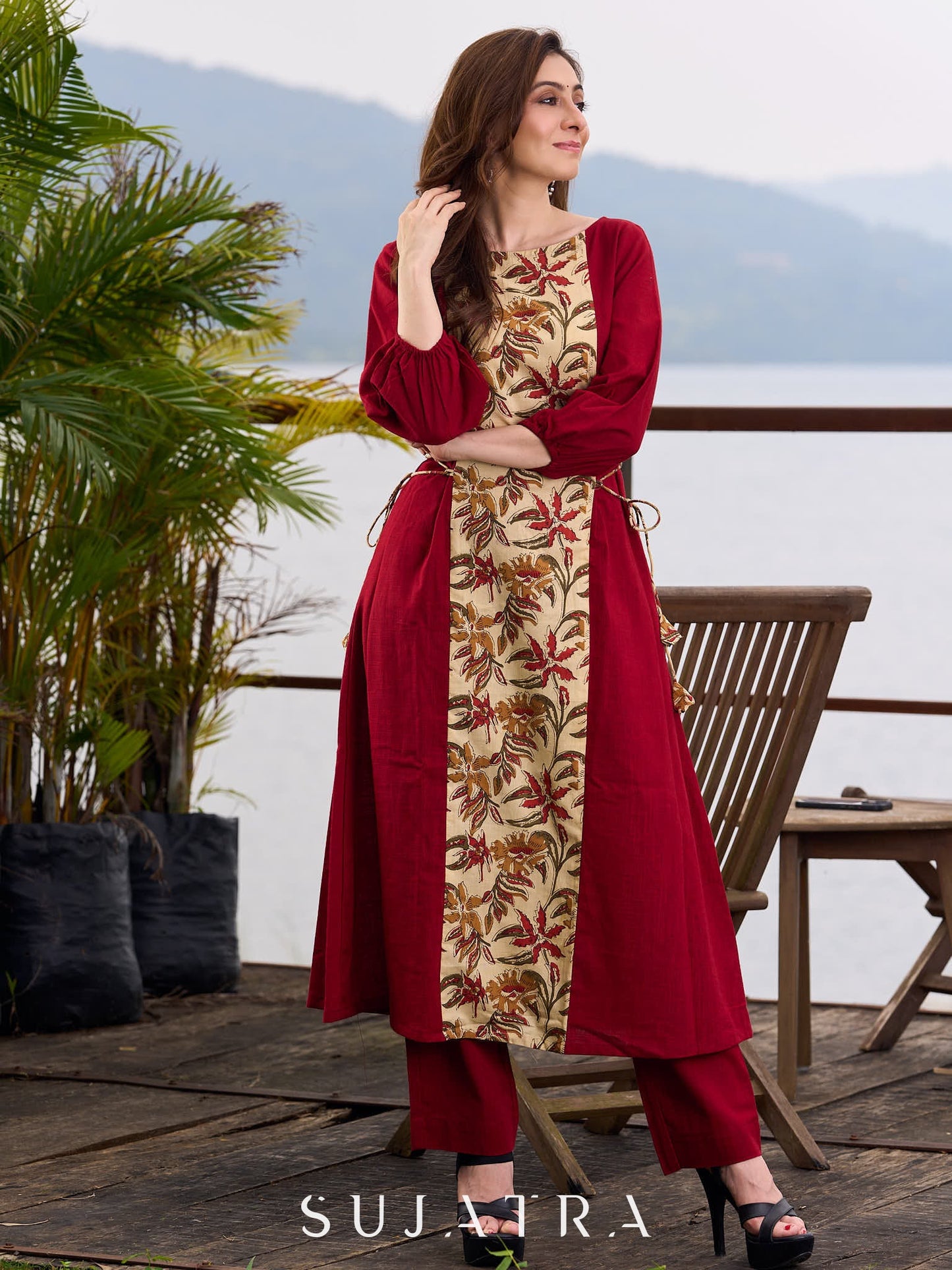Maroon Cotton Kurta featuring Floral Printed Panel and Waist-Cinching Tie Details