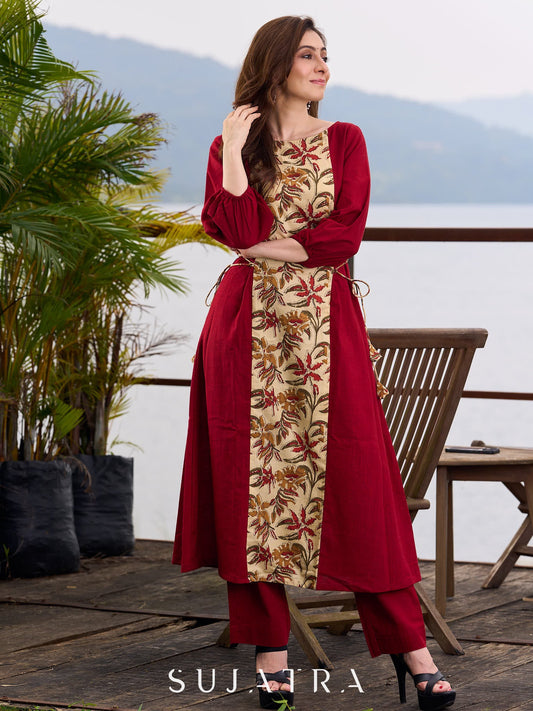 Maroon Cotton Kurta featuring Floral Printed Panel and Waist-Cinching Tie Details