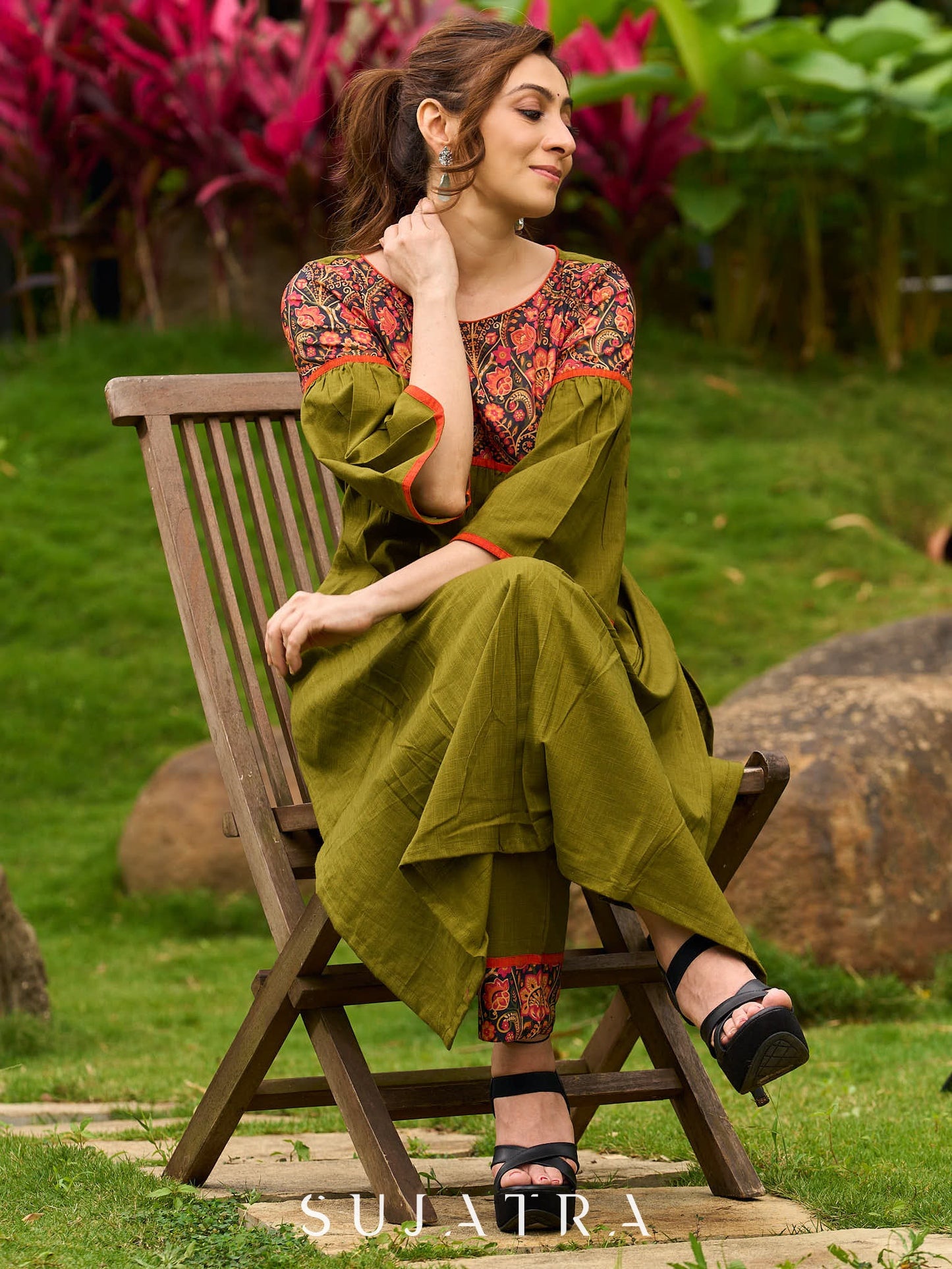 Olive Straight Pant with Vibrant Printed Border