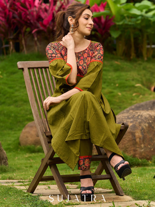 Olive Straight Pant with Vibrant Printed Border