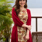 Maroon Cotton Kurta featuring Floral Printed Panel and Waist-Cinching Tie Details