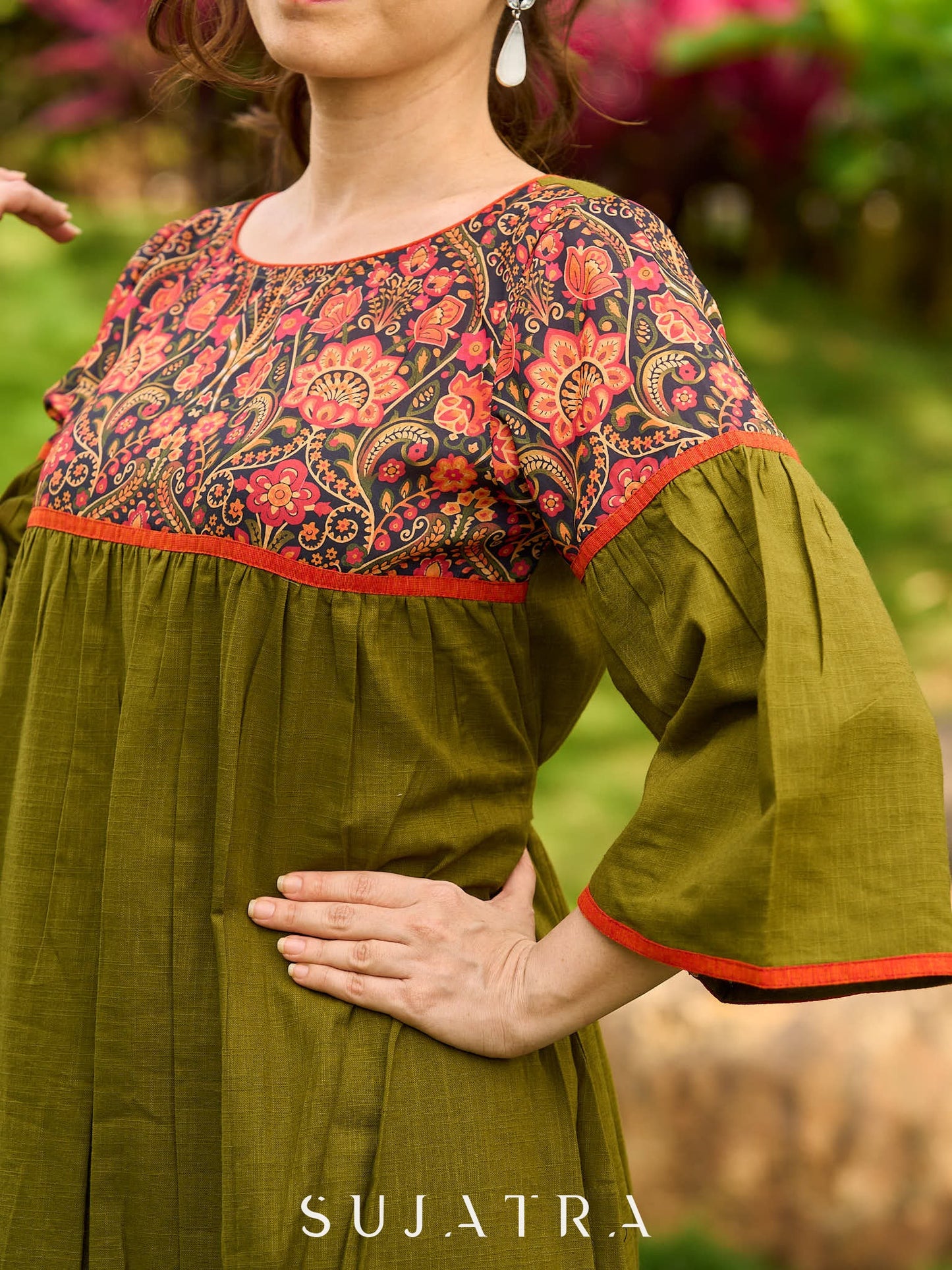 Olive Cotton Kurta with Digital Printed Yoke and Vibrant Orange Accents