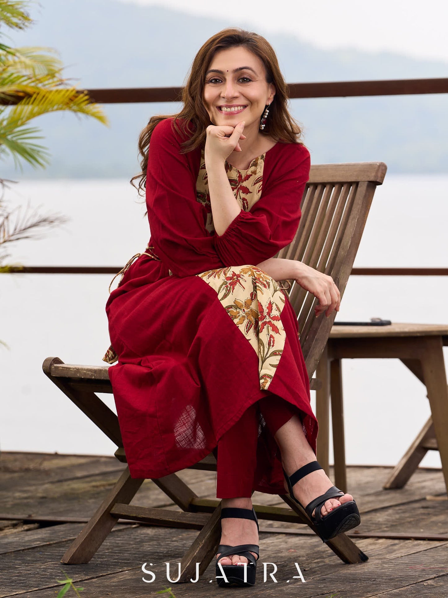Maroon Cotton Kurta featuring Floral Printed Panel and Waist-Cinching Tie Details