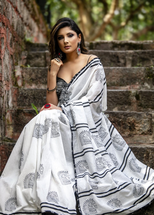 Exclusive White chanderi block printed saree with ikat piping