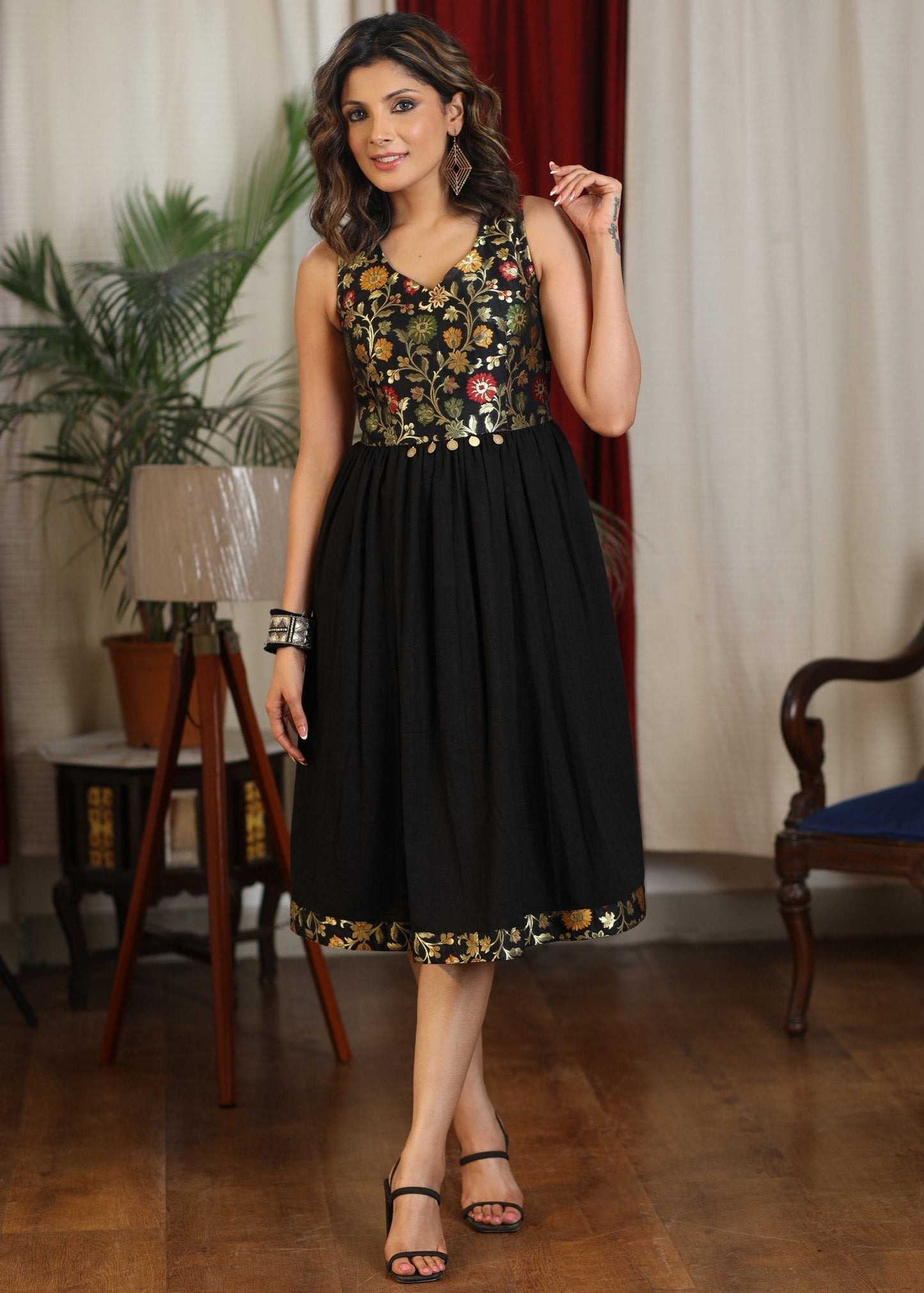Beautiful black cotton and brocade combination dress