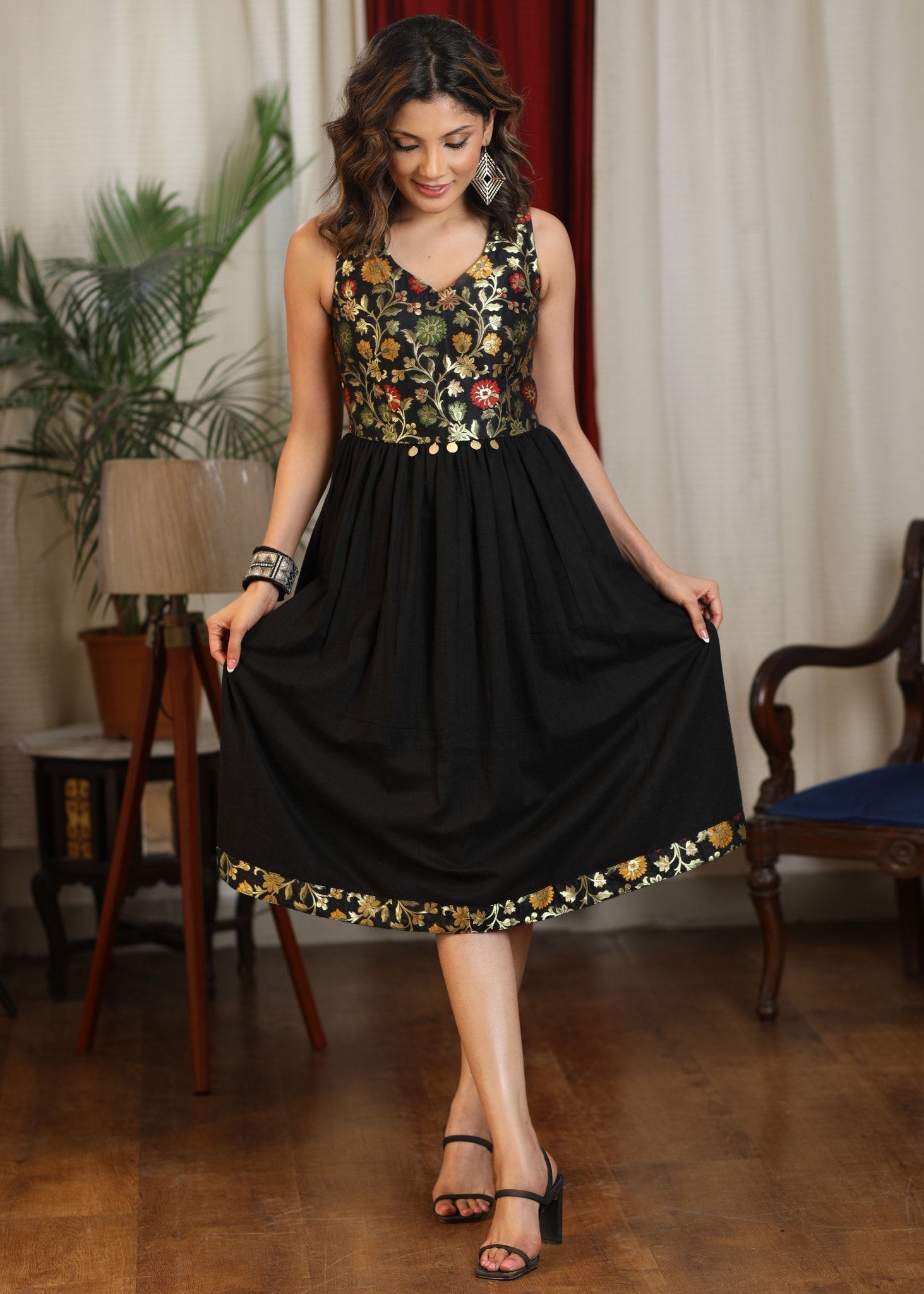Beautiful black cotton and brocade combination dress