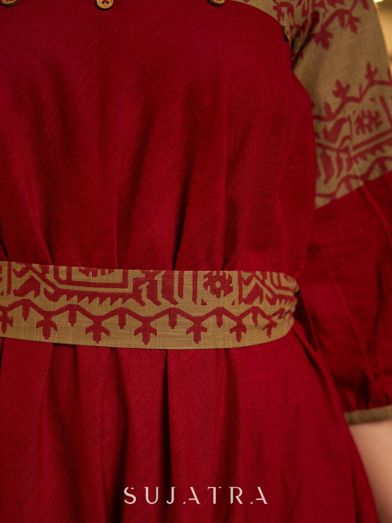 Classic Maroon & Beige Cotton Dress with Jamdani Inspired Hand Block Printed Border and Tie-Up Belt