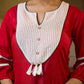 Regal Red Jacquard Woven Cotton Top with Traditional Kantha Striped Yoke Detail