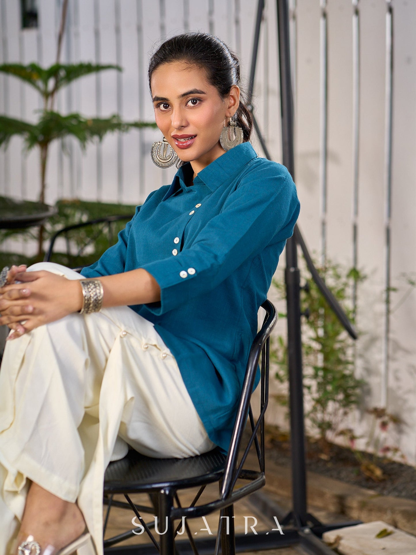 Teal Blue Cotton Shirt With Contemporary Asymmetrical Cut