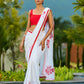 Artisanal White Georgette Saree with Red Embroidered Motifs & Beaded Border Trim