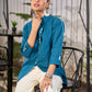 Teal Blue Cotton Shirt With Contemporary Asymmetrical Cut