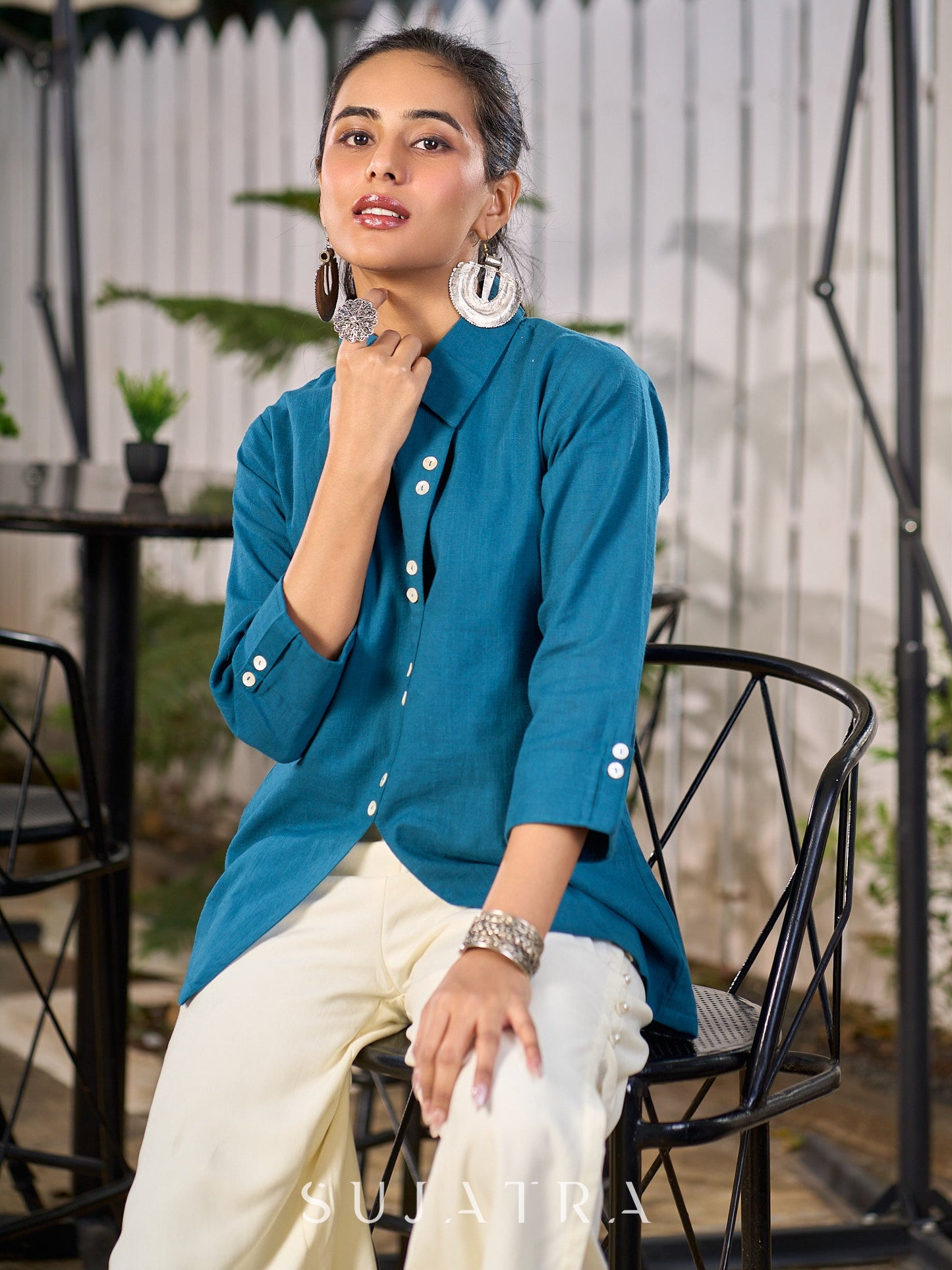 Teal Blue Cotton Shirt With Contemporary Asymmetrical Cut