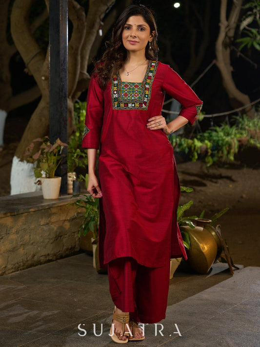 Maroon Silk Elegant Kurta with Subtle Mirror Detailing