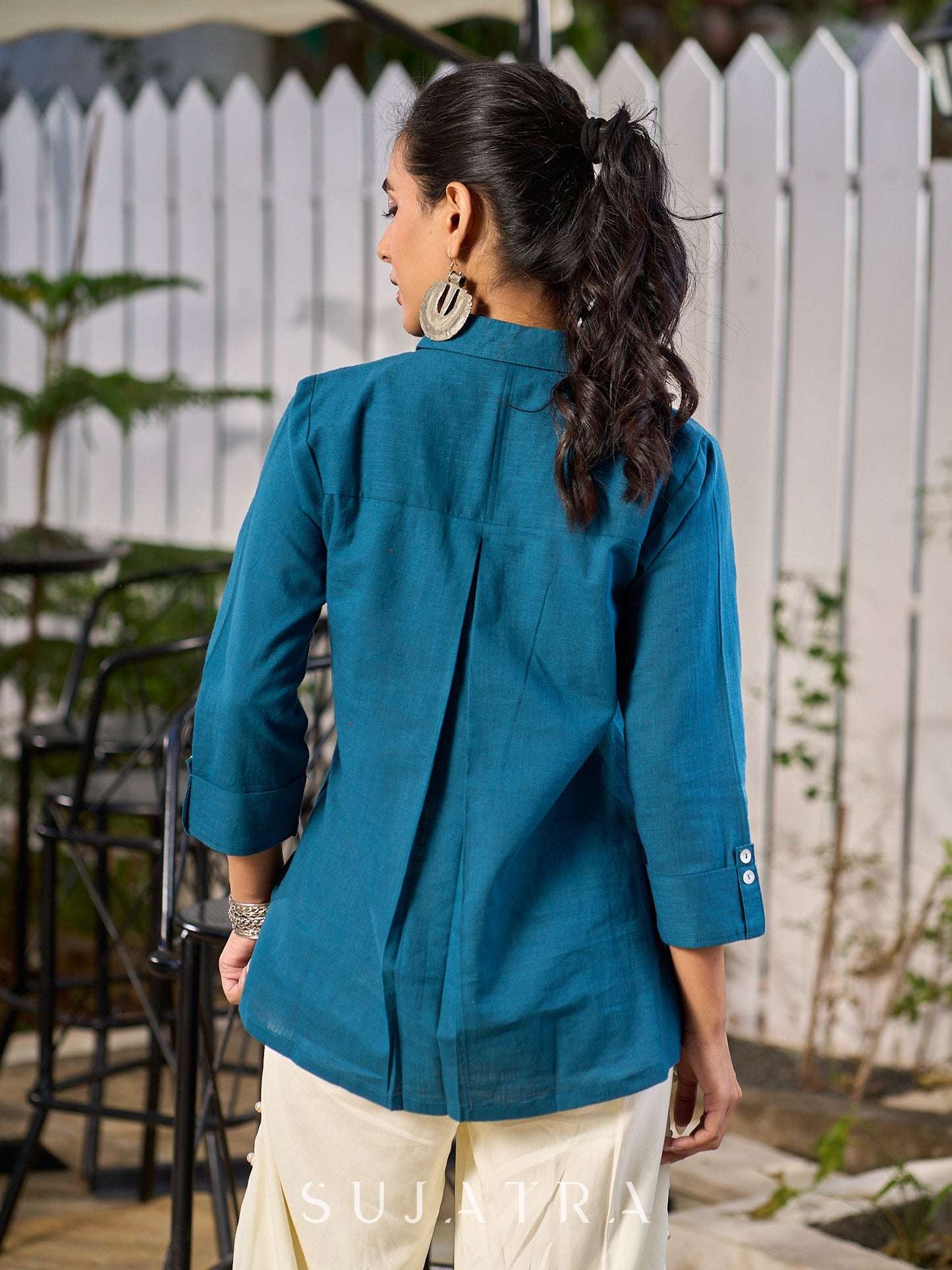 Teal Blue Cotton Shirt With Contemporary Asymmetrical Cut