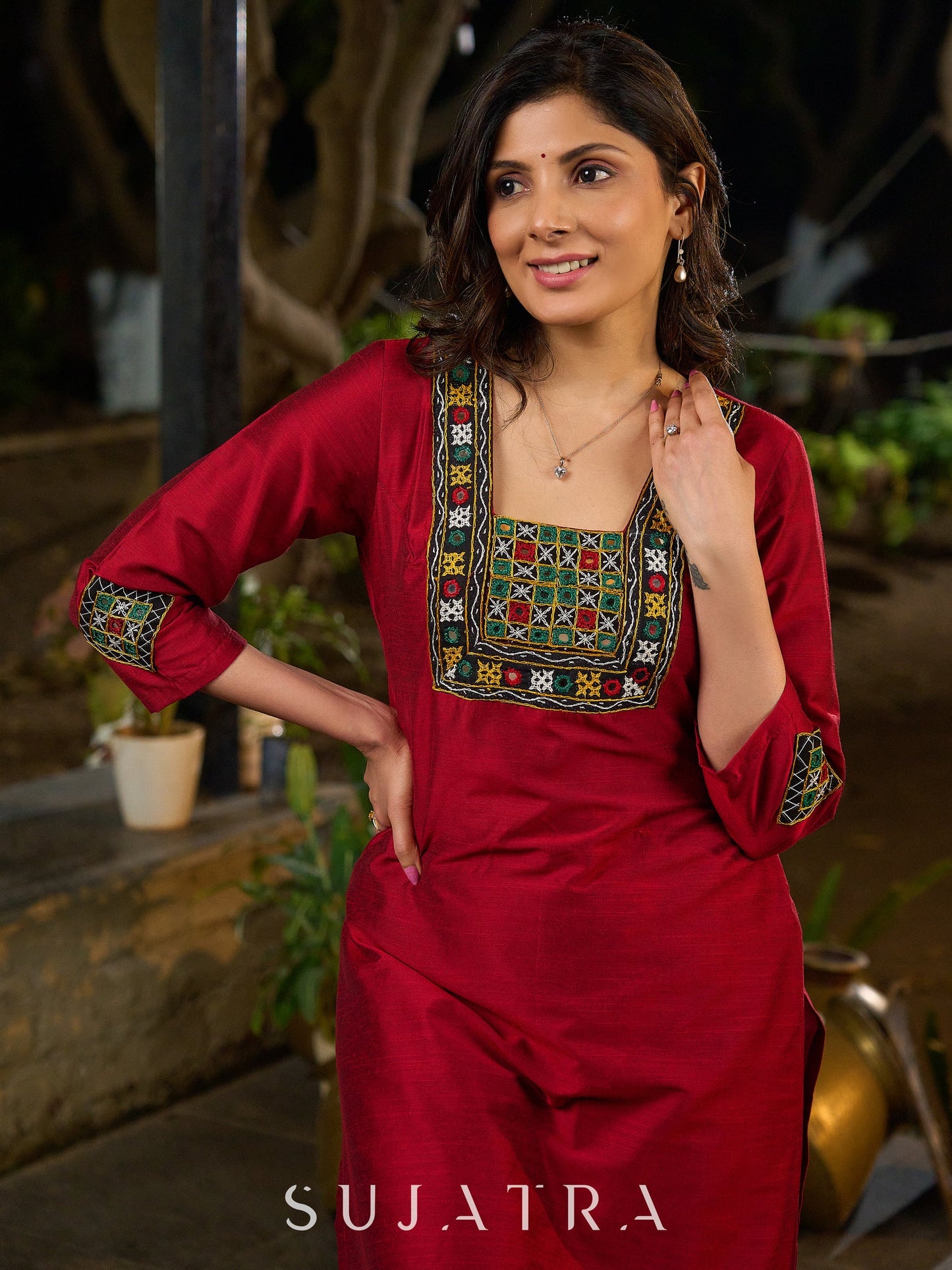 Maroon Silk Elegant Kurta with Subtle Mirror Detailing