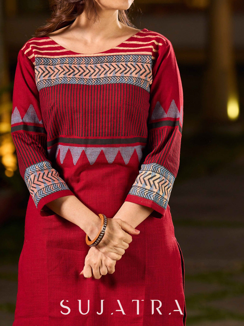 Timeless Maroon Cotton Hand Block Printed Kurta with Geometric Patterns And Structured Silhouette
