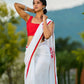 Artisanal White Georgette Saree with Red Embroidered Motifs & Beaded Border Trim