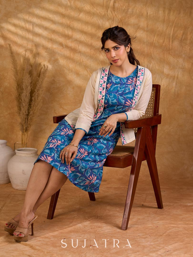 Cream Cotton Cropped Jacket with Floral Embroidered Front Border Detail