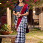 Blue Cotton Checkered Saree with Contrasting Red & Floral Border