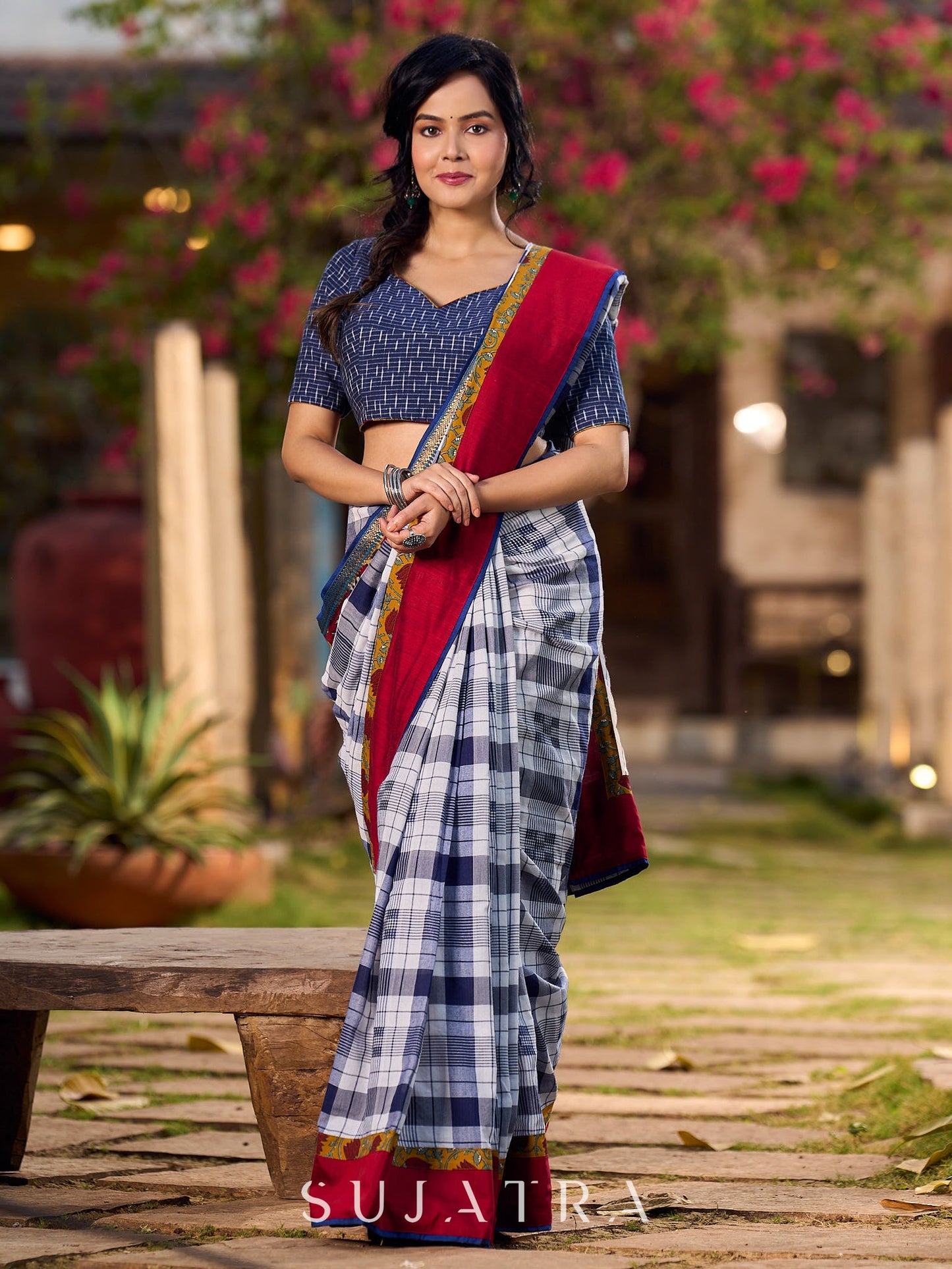 Blue Cotton Checkered Saree with Contrasting Red & Floral Border