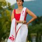 Artisanal White Georgette Saree with Red Embroidered Motifs & Beaded Border Trim
