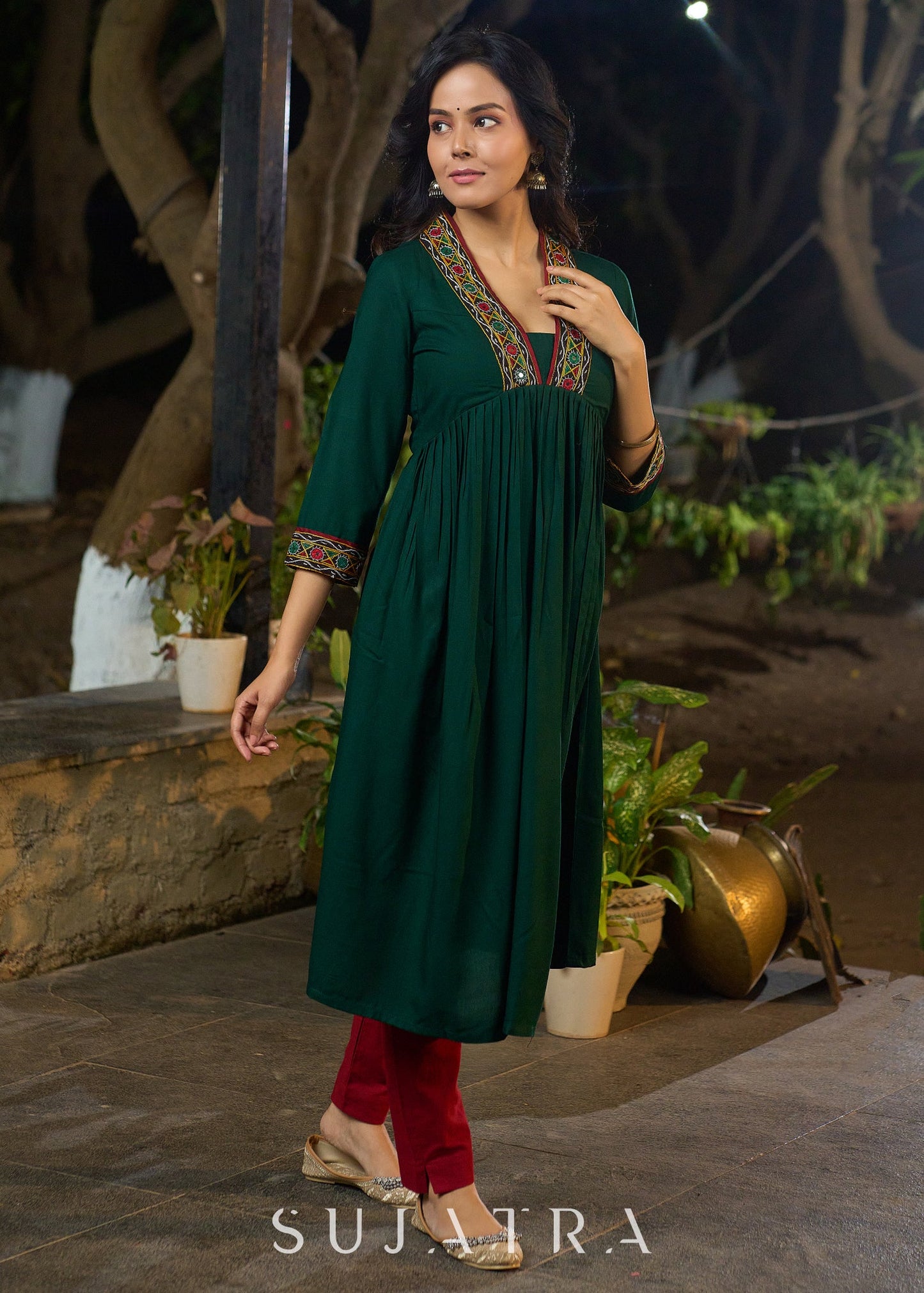 Lush Green Rayon Pleated Kurta Highlighted with Elegant Mirror Work