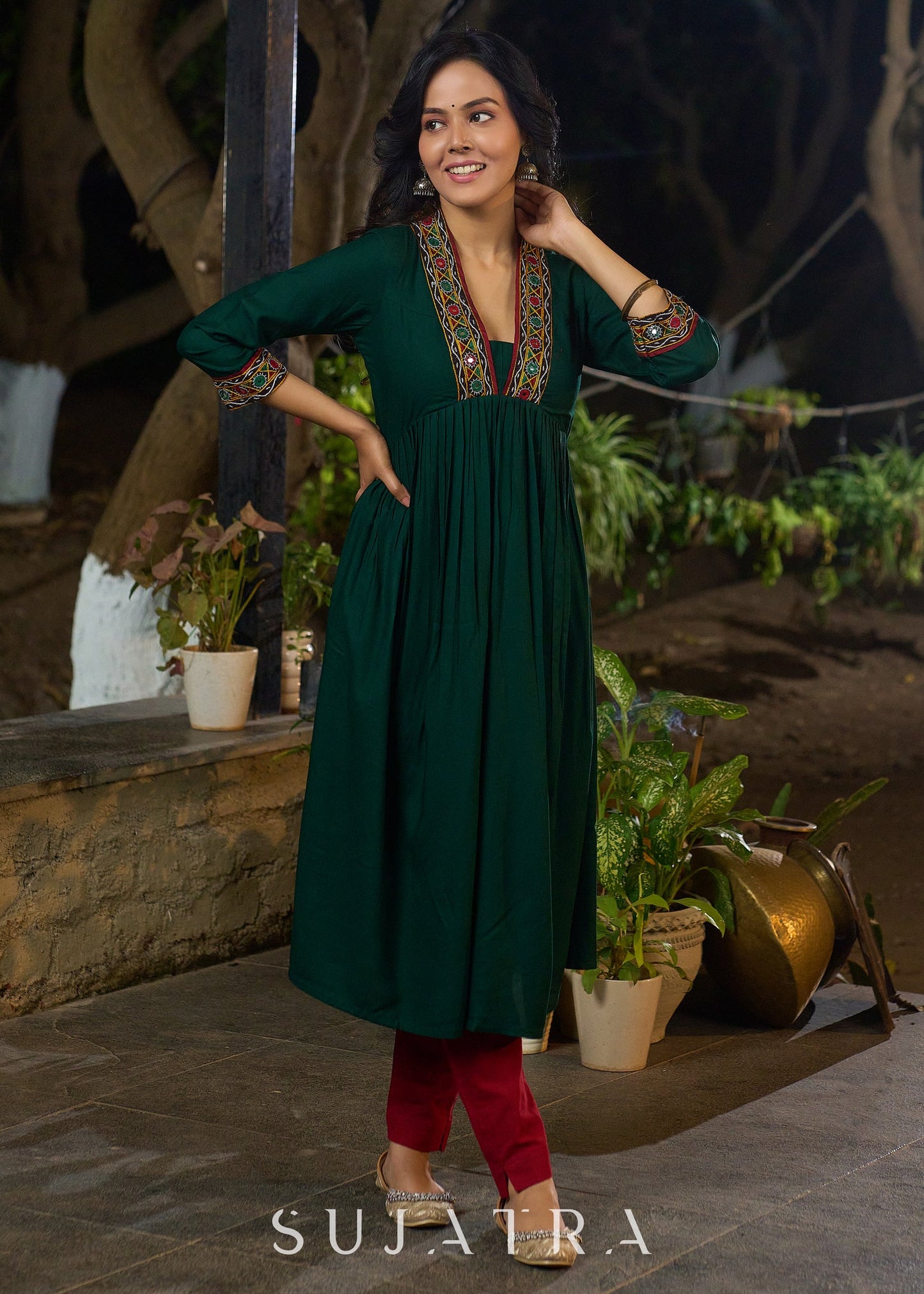Lush Green Rayon Pleated Kurta Highlighted with Elegant Mirror Work