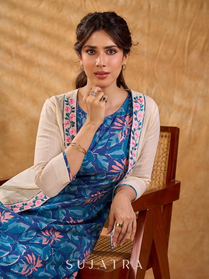 Cream Cotton Cropped Jacket with Floral Embroidered Front Border Detail