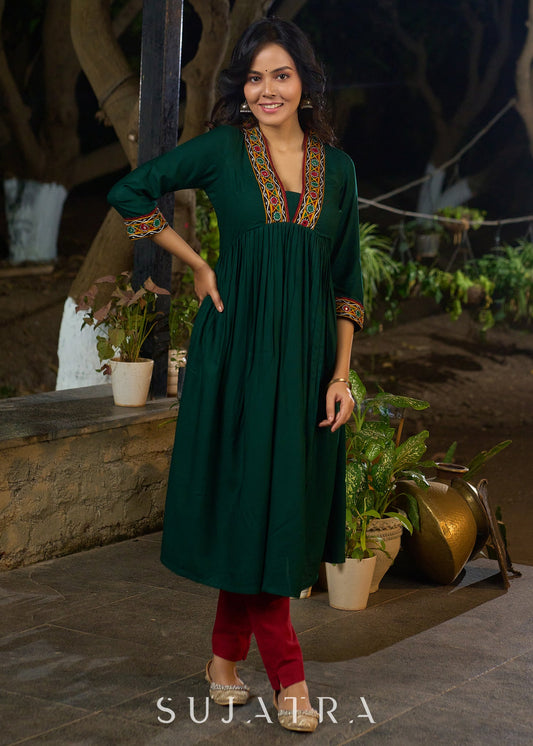 Lush Green Rayon Pleated Kurta Highlighted with Elegant Mirror Work