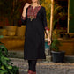 elegant black cotton kurta with beautifully crafted ajrakh panel and subtle stripe piping accents