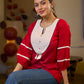 Regal Red Jacquard Woven Cotton Top with Traditional Kantha Striped Yoke Detail