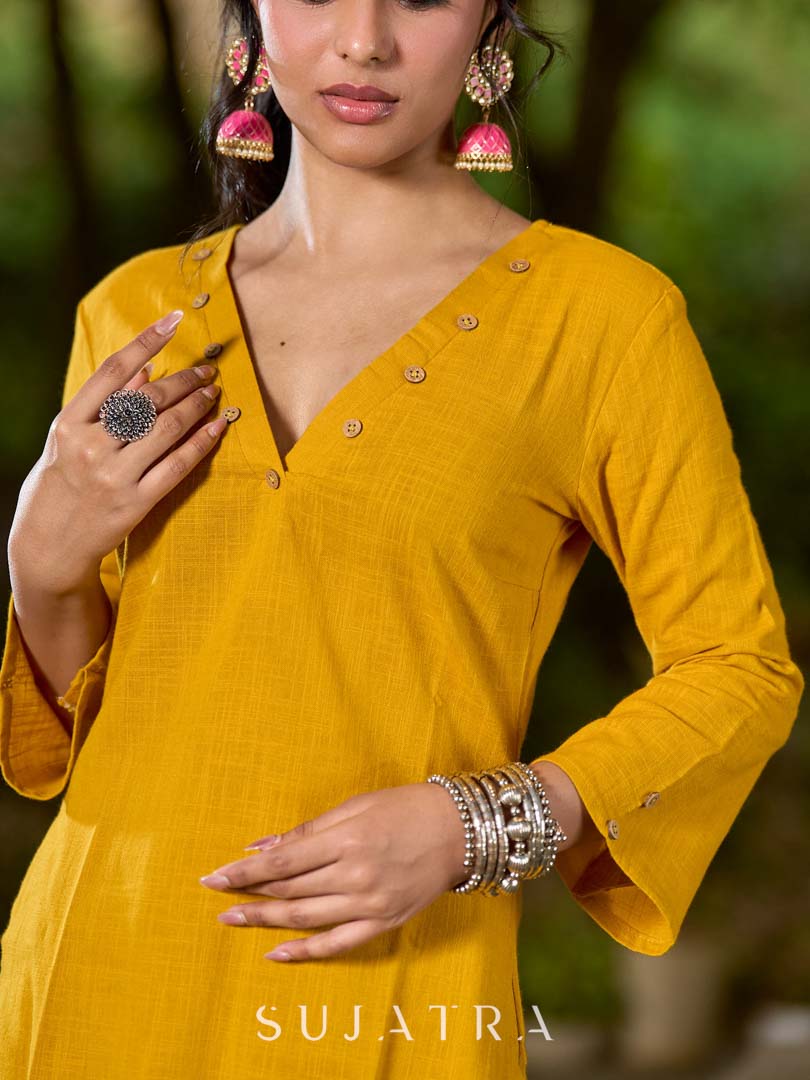 Bright Mustard Cotton Kurta with Classic V Neckline