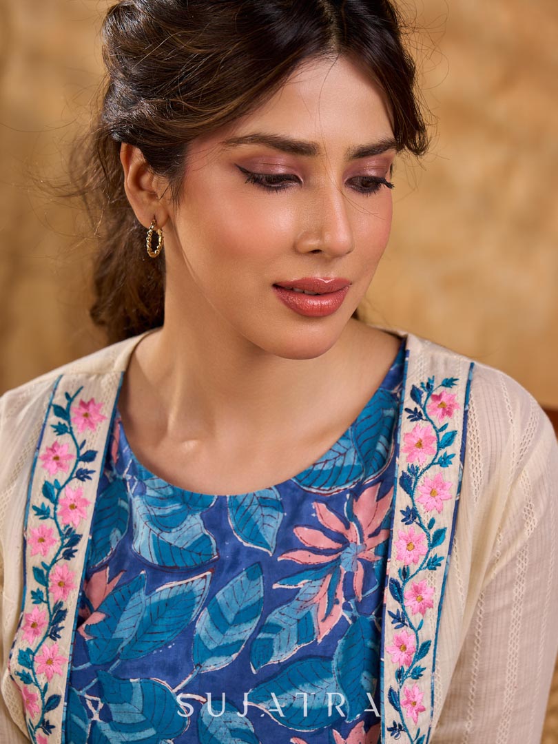 Cream Cotton Cropped Jacket with Floral Embroidered Front Border Detail