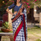 Blue Cotton Checkered Saree with Contrasting Red & Floral Border