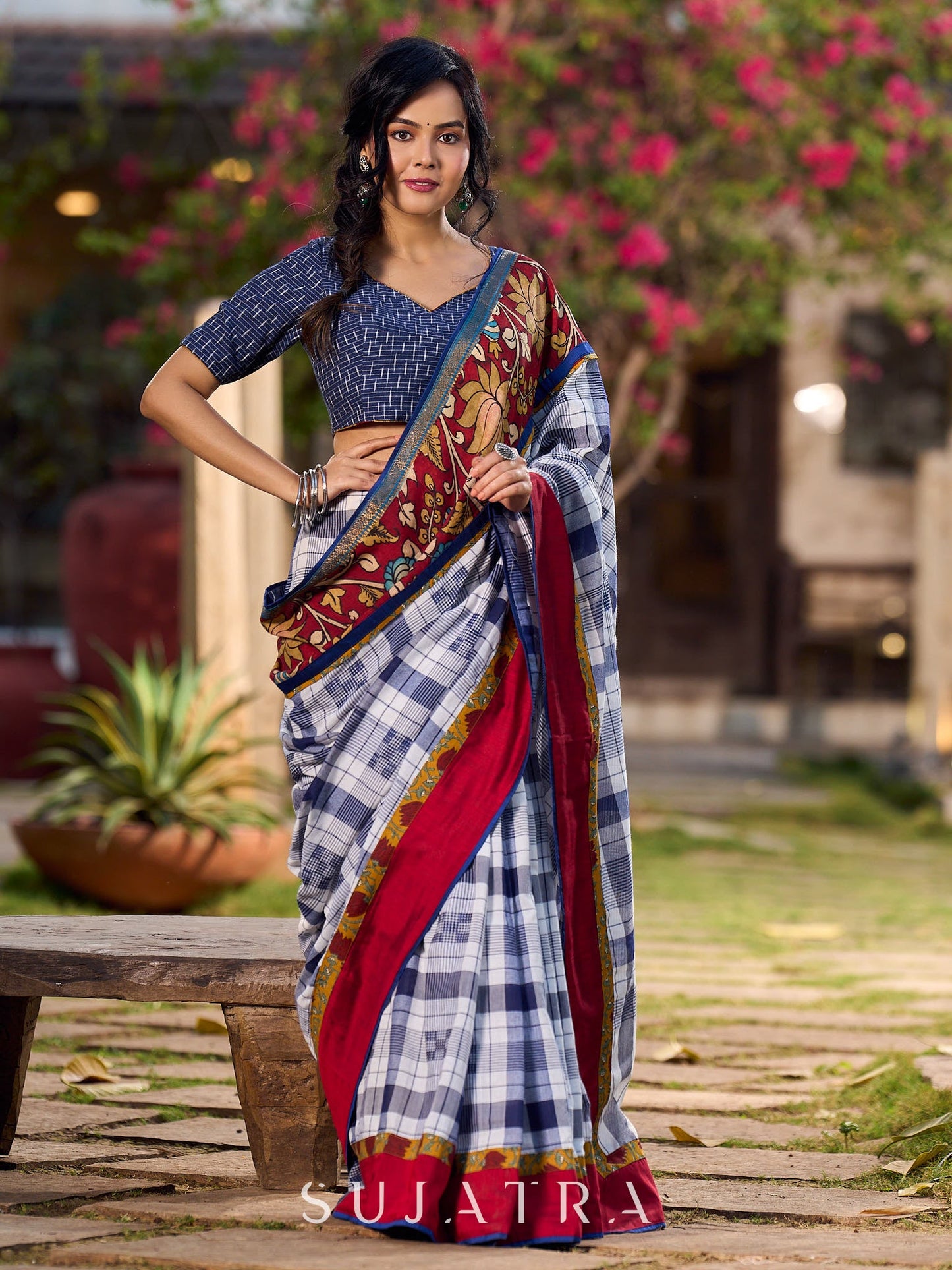 Blue Cotton Checkered Saree with Contrasting Red & Floral Border