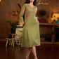 Muted pista hand block printed dress with delicate cascading hand block floral motifs and soft pink accents for a graceful, elegant, and refreshing everyday look.