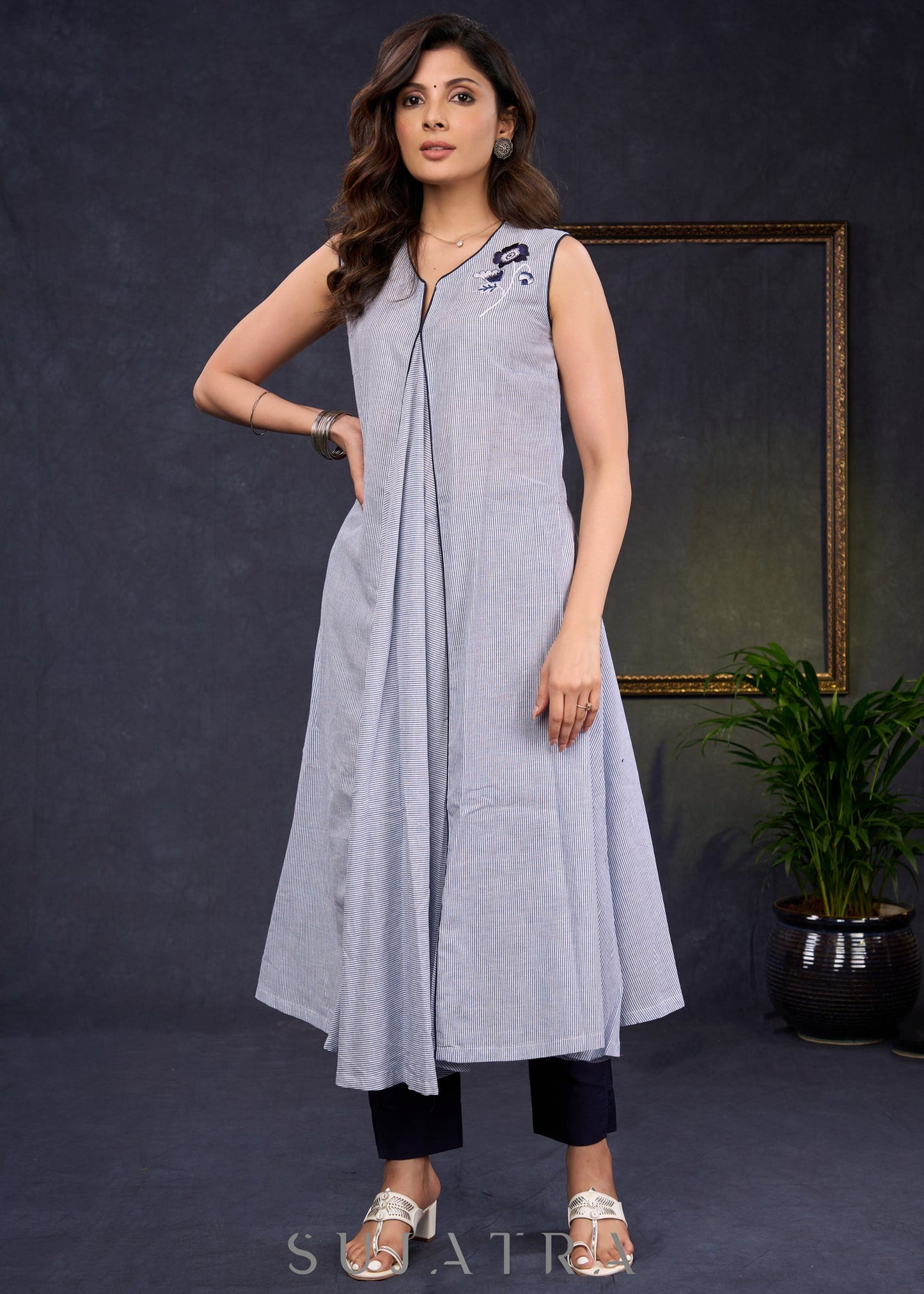 Elegant-Striped-Cotton-A-Line-Kurta-Highlighted-With-Beautiful-Floral-Motif--Pant-Optional