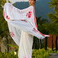 Artisanal White Georgette Saree with Red Embroidered Motifs & Beaded Border Trim