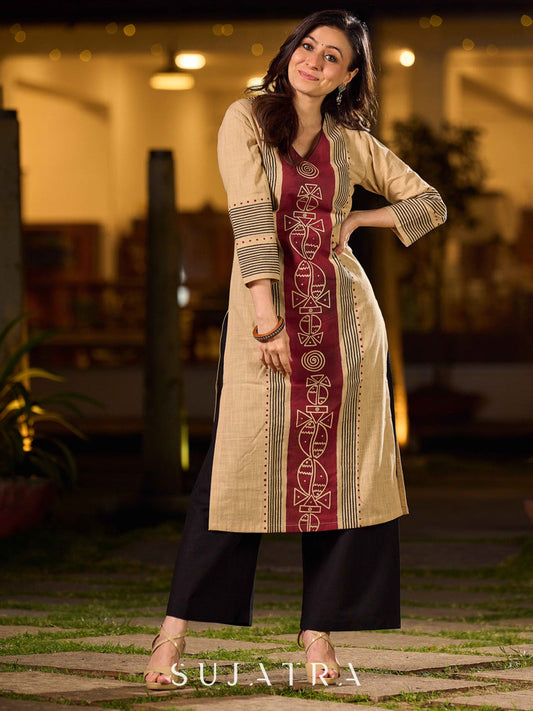 Artisan Beige Hand Block Printed Kurta With Bold Maroon Tribal Printed Panel