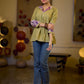 Sophisticated Sage Green Box Pleated Cotton Top with Contrasting Print Collar and Sleeves featuring Delicate Pearl Embellishments
