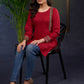 Maroon Cotton Tunic With Stylish Pin Tucks And Vibrant Ajrak Patterns.