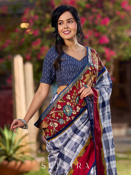 Blue Cotton Checkered Saree with Contrasting Red & Floral Border