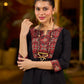 elegant black cotton kurta with beautifully crafted ajrakh panel and subtle stripe piping accents