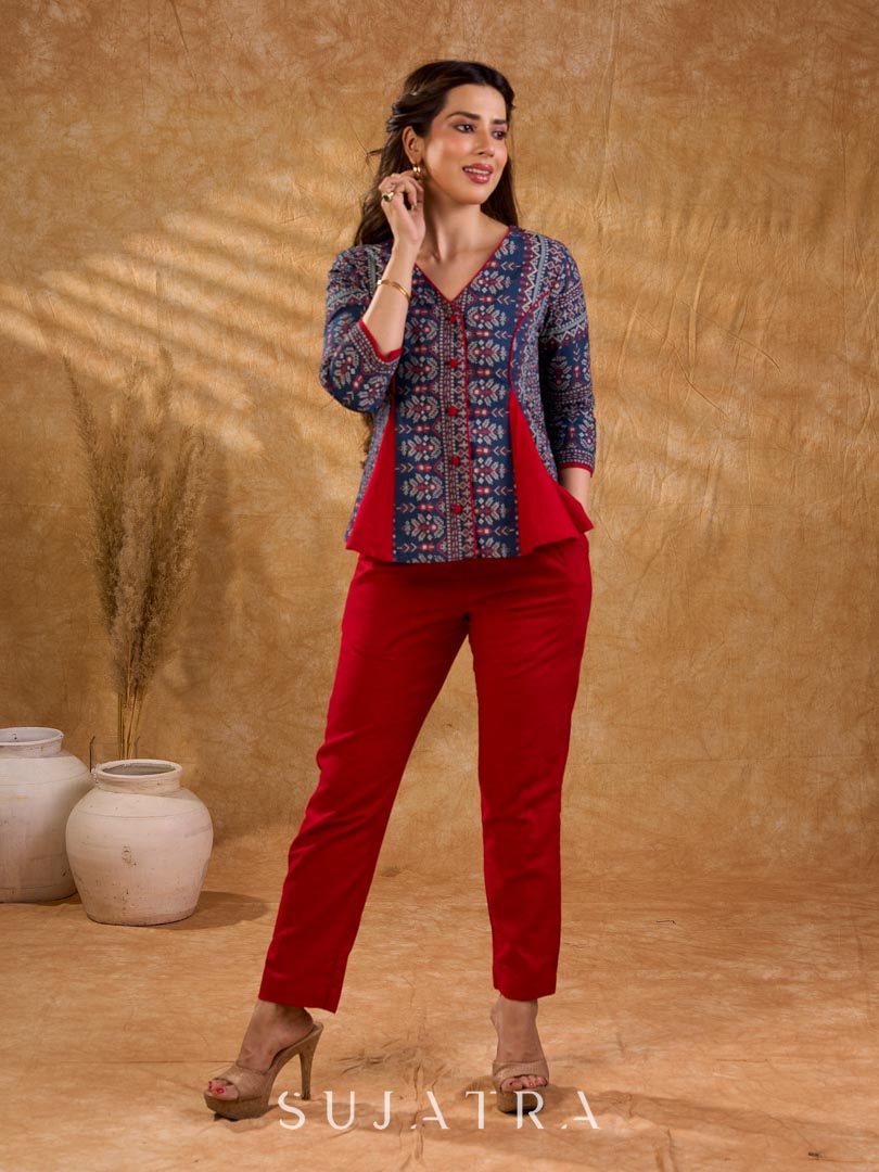Classic navy blue printed jacket with flared panels and bold red accents, offering a structured yet dynamic silhouette with refined detailing, ideal for polished, elevated corporate styling.