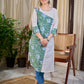 Breezy White Cotton Kurta with Green Floral Hand Block Print Asymmetric Panel and Cold Shoulder Accent