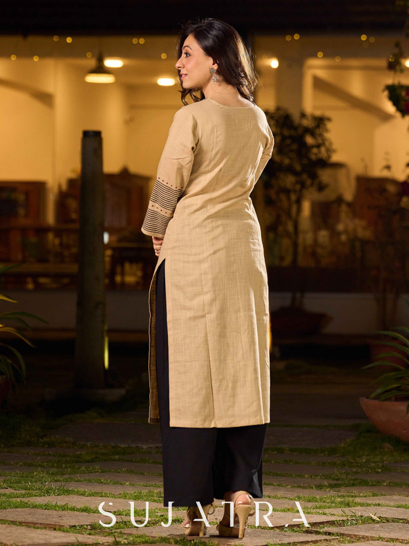 Artisan Beige Hand Block Printed Kurta With Bold Maroon Tribal Printed Panel