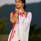 Artisanal White Georgette Saree with Red Embroidered Motifs & Beaded Border Trim