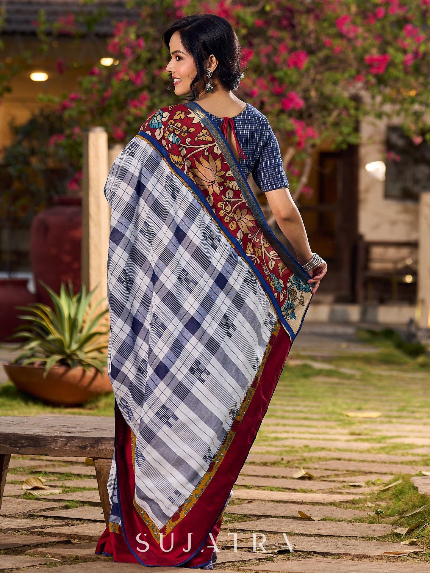 Blue Cotton Checkered Saree with Contrasting Red & Floral Border